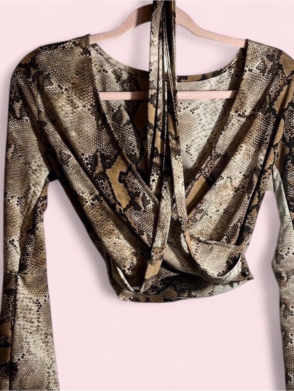 Windsor Snake-Print Wrap Crop Top in Brown & Beige